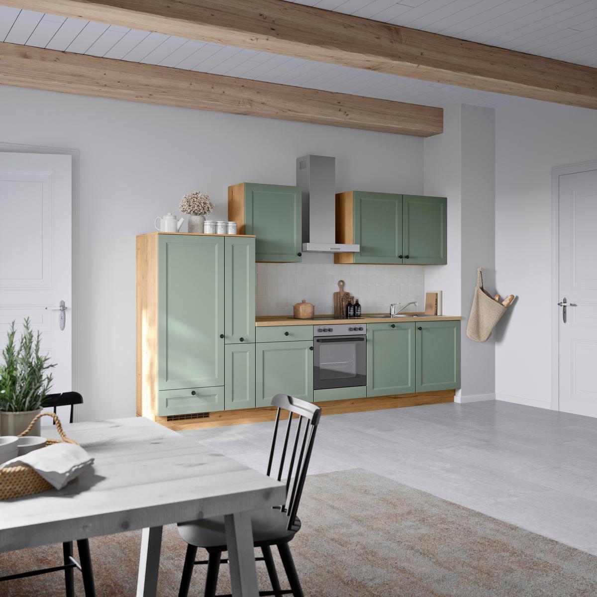 Küchenblock Cascada Low m. Geräten Schilfgrün - Schilfgrün/Eichefarben, MODERN, Holzwerkstoff/Metall (330cm) - Nobilia