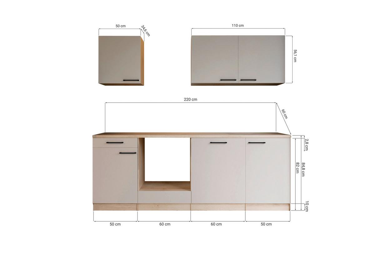 Küchenleerblock Merle o. Geräte Kaschmir - Kaschmir/Eichefarben, Trend, Holzwerkstoff/Metall (220cm) - Respekta