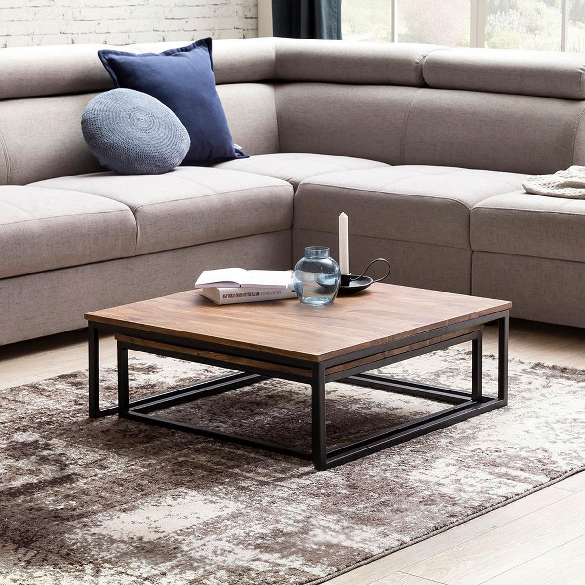 COUCHTISCHSET 2-er Set, aus Sheesham - Sheeshamfarben/Schwarz, Design, Holz/Metall (75/75/27cm) - MID.YOU