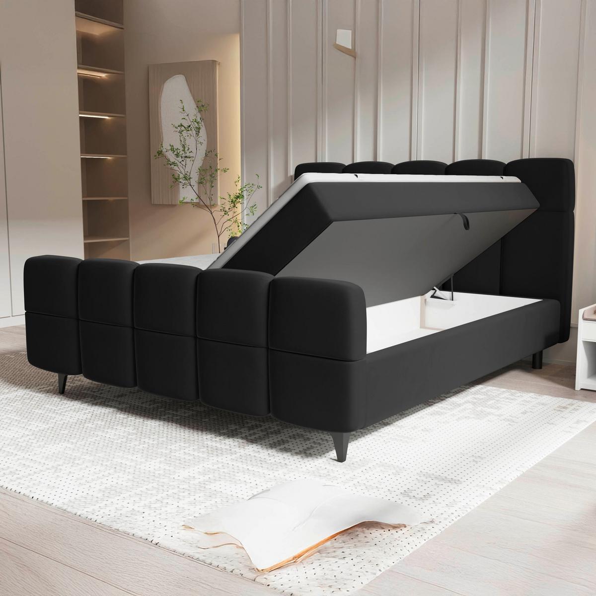 Boxbett Mona Schwarz ca. 140x200cm - Schwarz, KONVENTIONELL, Kunststoff/Textil (140/200cm) - Mömax