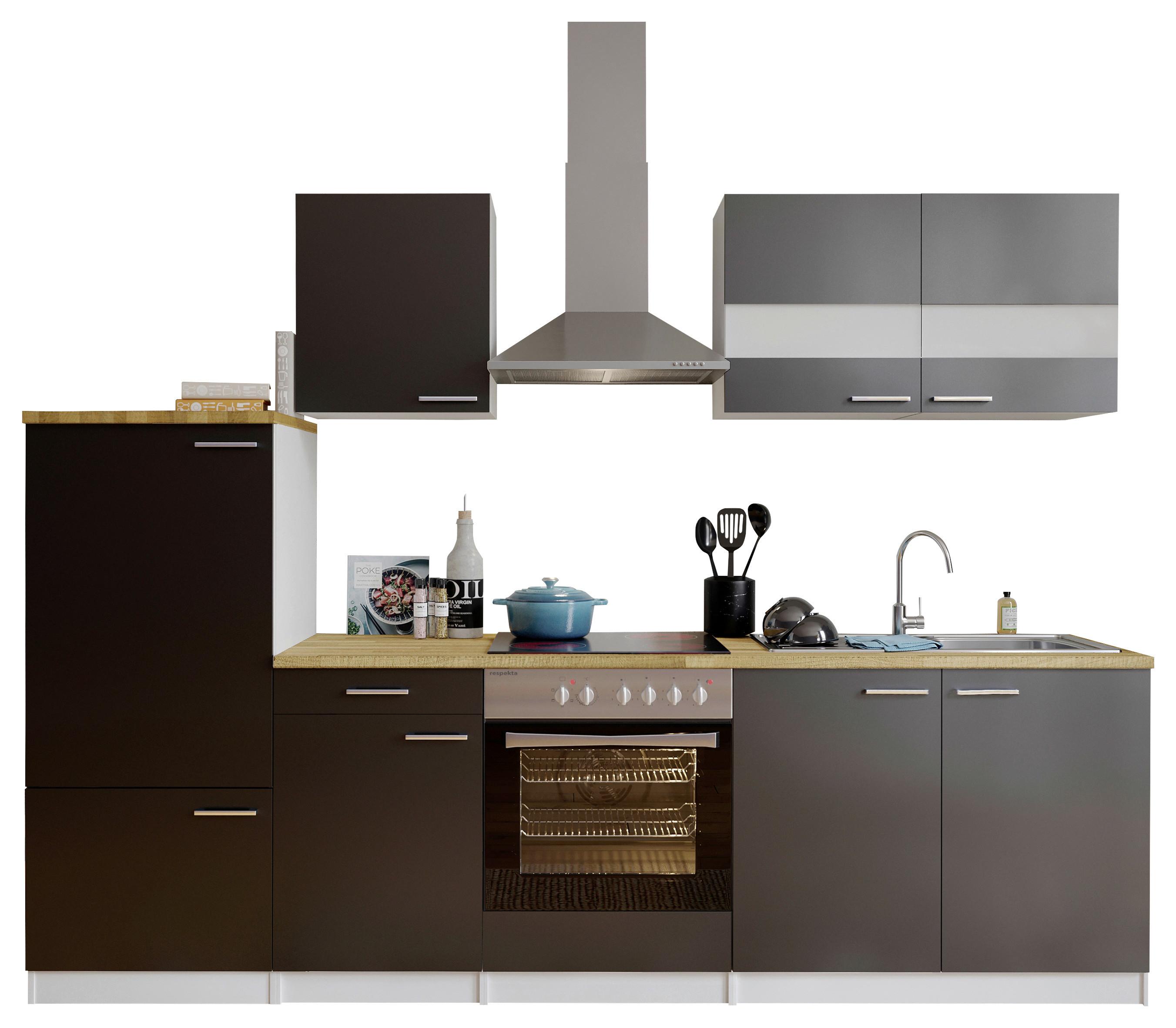 Küchenzeile ohne Geräte B: 270 cm Grau/Weiß/Nussbaum Dekor - Edelstahlfarben/Nussbaumfarben, Basics, Holzwerkstoff/Metall (270/200/60cm) - Respekta