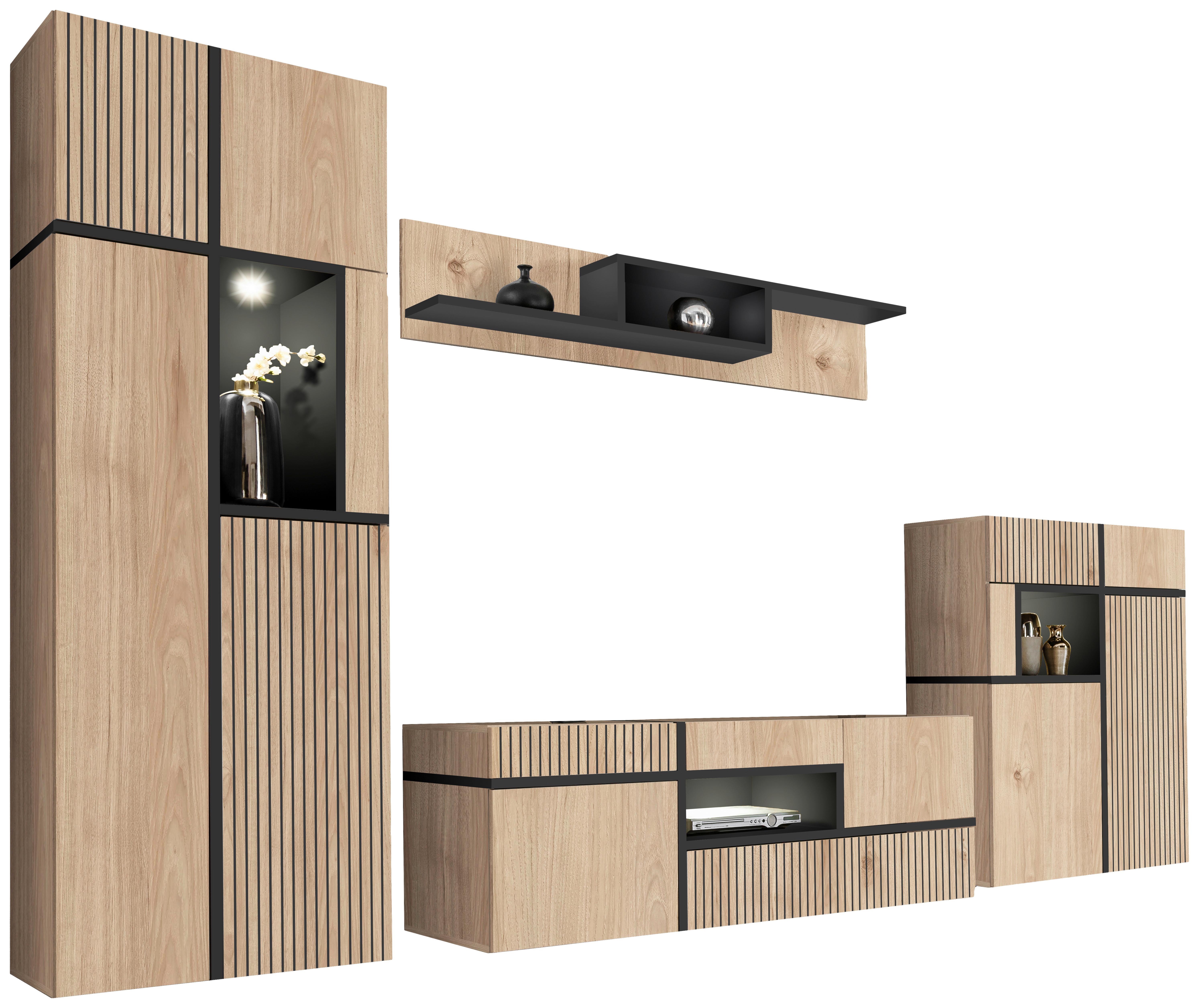 Wohnwand Cross Schwarz/Hickory - Schwarz/Hickory, MODERN, Holzwerkstoff/Kunststoff (330/195/50cm) - Premium Living