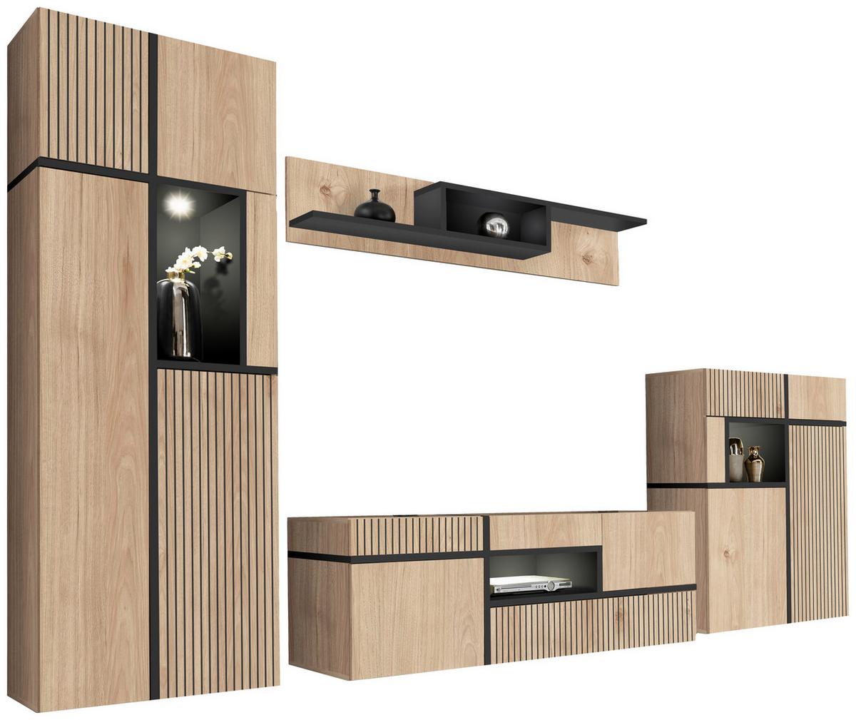 Ansamblu mobilier camera de zi CROSS - hicori/negru, Modern, material pe bază de lemn (330/195/50cm) - Bessagi
