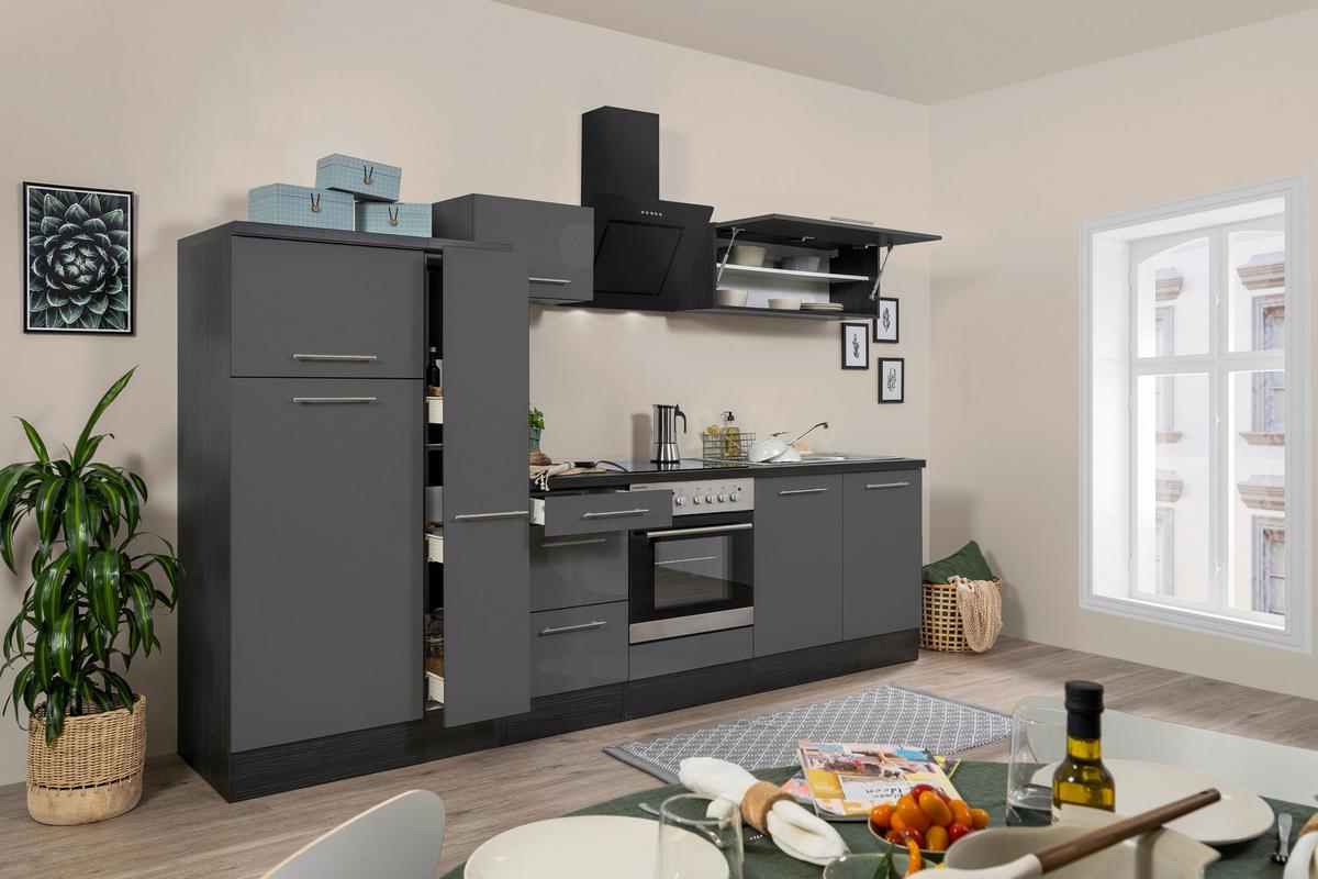 Küchenzeile mit Geräte Grau B: ca. 300 cm - Edelstahlfarben/Eichefarben, Basics, Holzwerkstoff/Metall (300cm) - Respekta