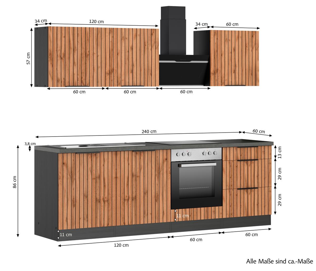 Küchenblock Liverpool m. Geräte Eiche Wotan - Schieferfarben/Eiche Wotan, Basics, Holzwerkstoff/Metall (240cm) - Held