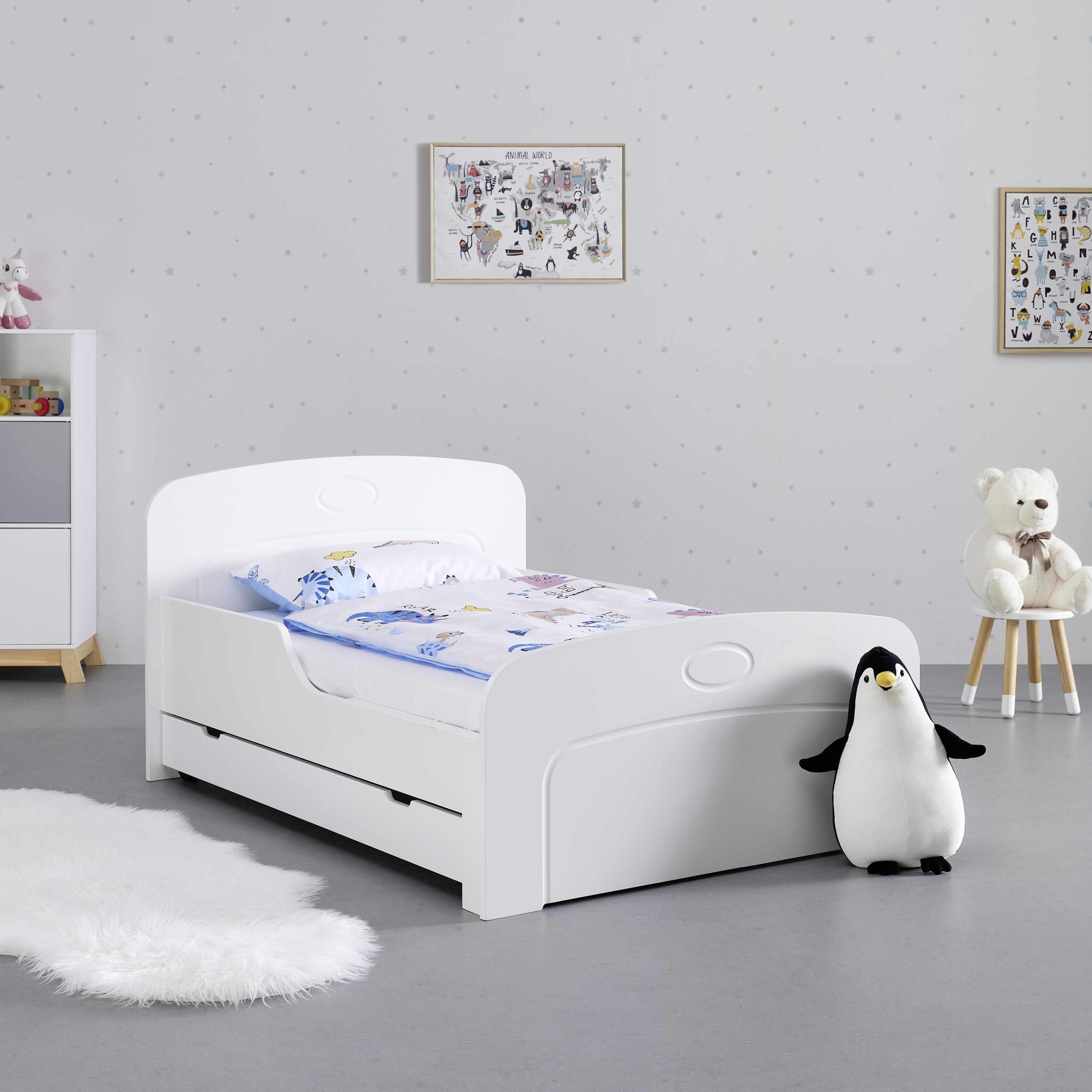 Kinderbett mit Stauraum, weiß, "Enna", teilmassiv - Weiß, MODERN, Holz (120-190/90cm) - Bessagi Kids