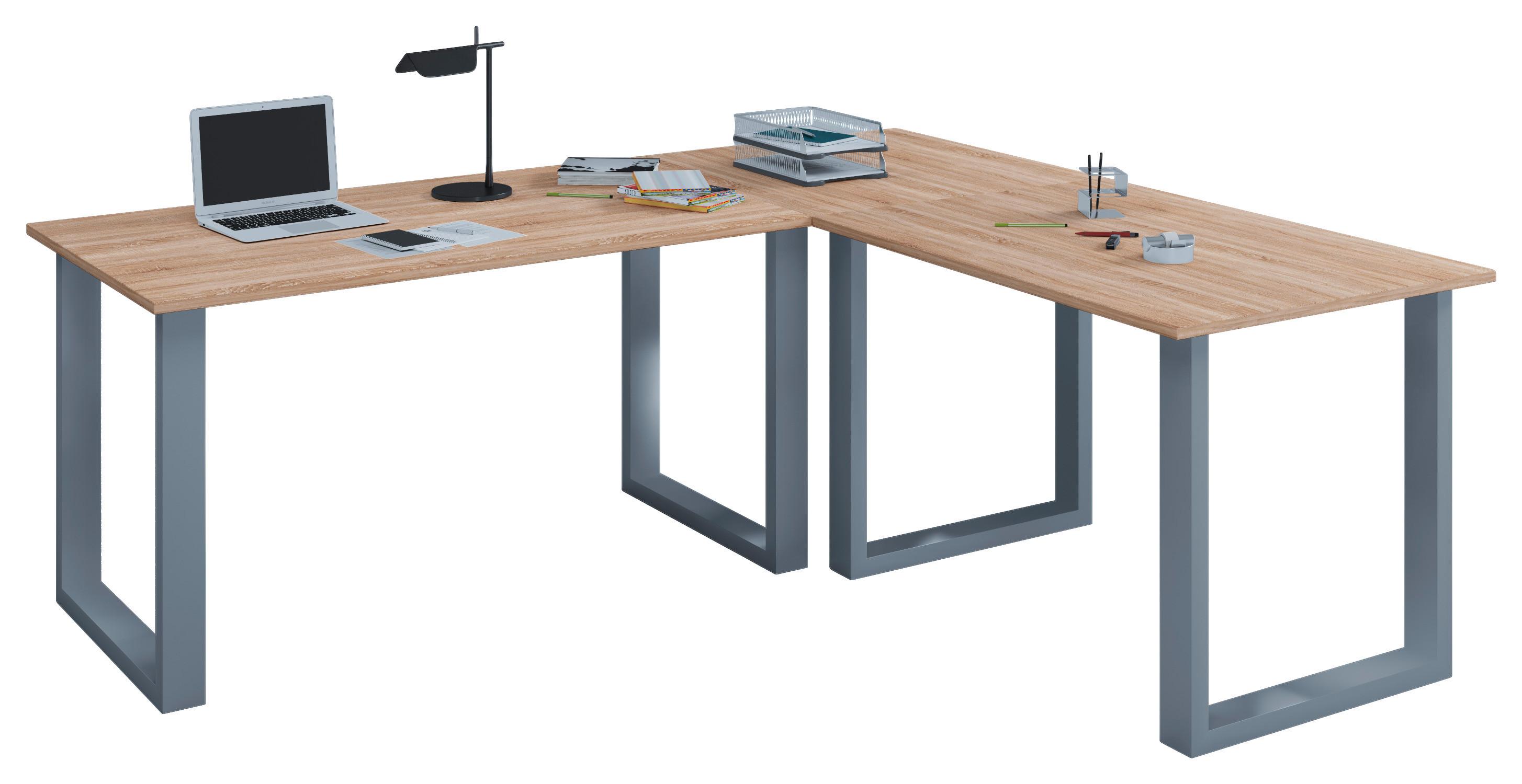 Eckschreibtisch Lona Silberfarben/Eichefarben - Silberfarben/Sonoma Eiche, MODERN, Holzwerkstoff/Metall (160/160/76cm) - MID.YOU