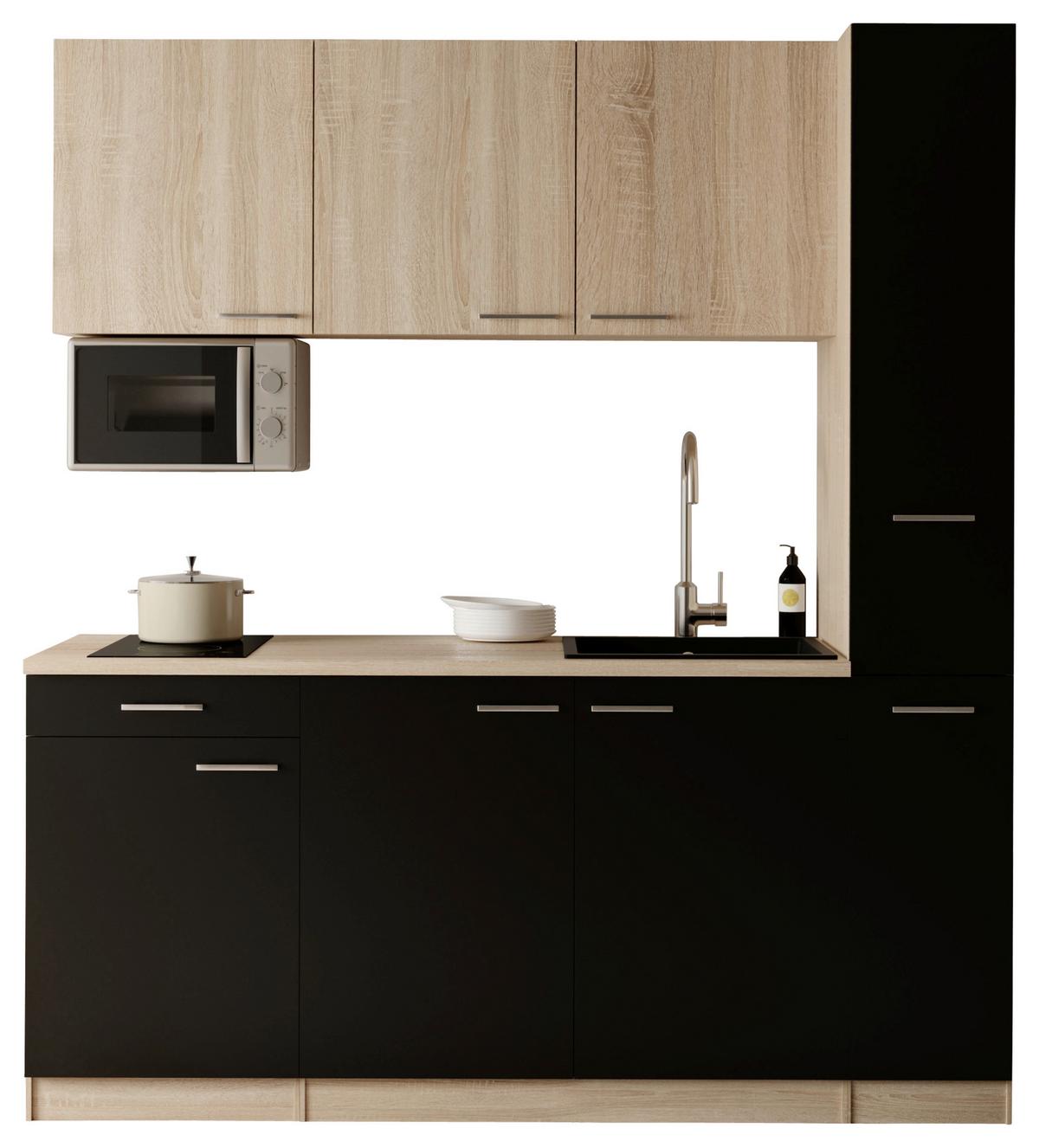 Küchenblock Ingrid m. Geräten Schwarz - Eichefarben/Schwarz, Design, Holzwerkstoff/Kunststoff (180cm) - Respekta