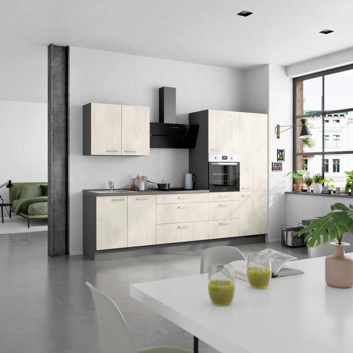 Küchenblock Riva High m. Geräten Weiß - Schieferfarben/Edelstahlfarben, MODERN, Holzwerkstoff/Metall (300cm) - Nobilia