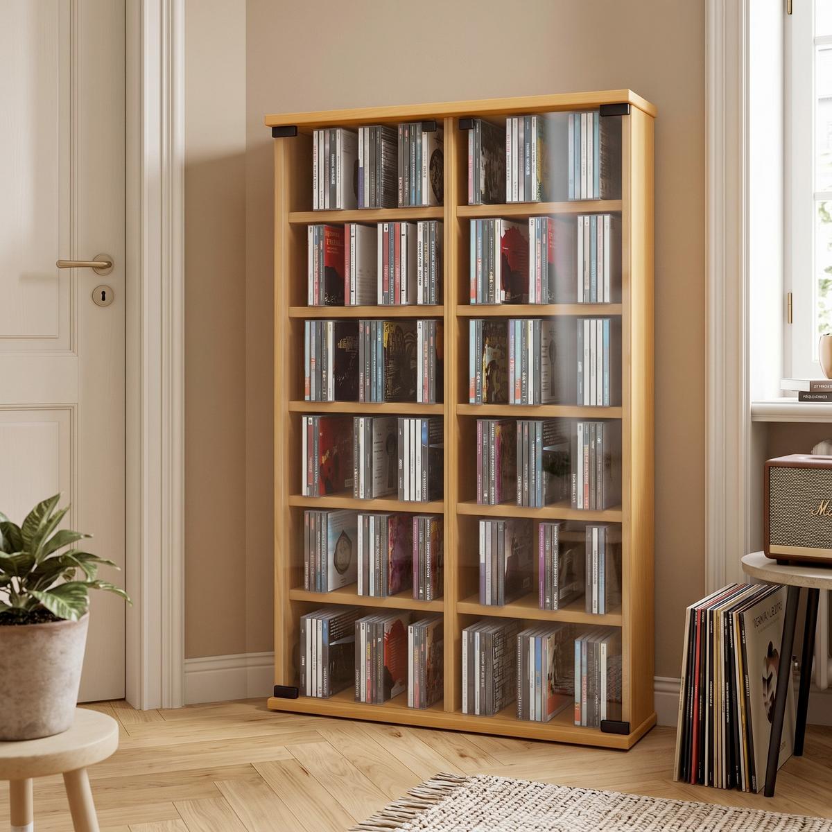 CD-Regal Roma in Buchefarbe, B: 60 cm - Buchefarben, KONVENTIONELL, Glas/Holzwerkstoff (60/91,5/18cm) - MID.YOU