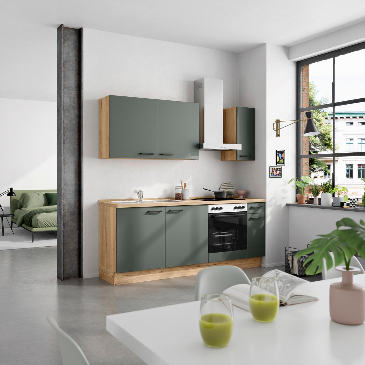 Küchenblock Easytouch m. Geräten Dunkelgrün - Dunkelgrün/Eichefarben, MODERN, Holzwerkstoff/Metall (210cm) - Nobilia