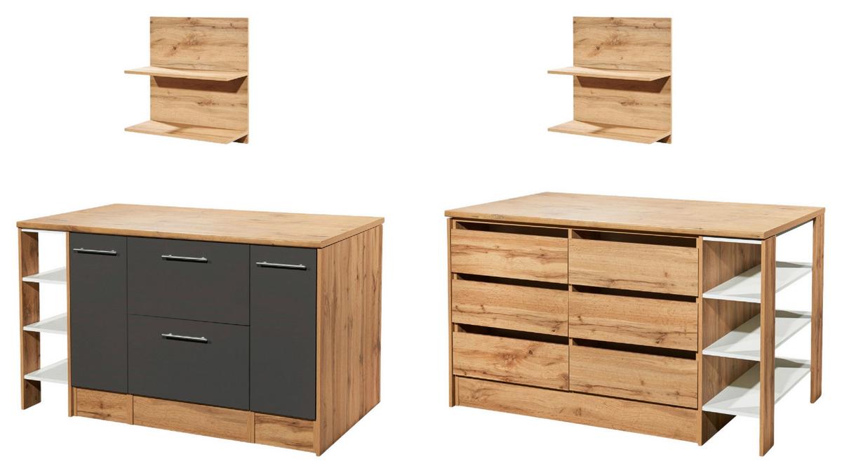 Küchenblock Hilde m. Insel m. Geräten ca.310cm Eiche/Grau - Wildeiche/Alufarben, Design, Holzwerkstoff/Metall (310-150cm) - Respekta