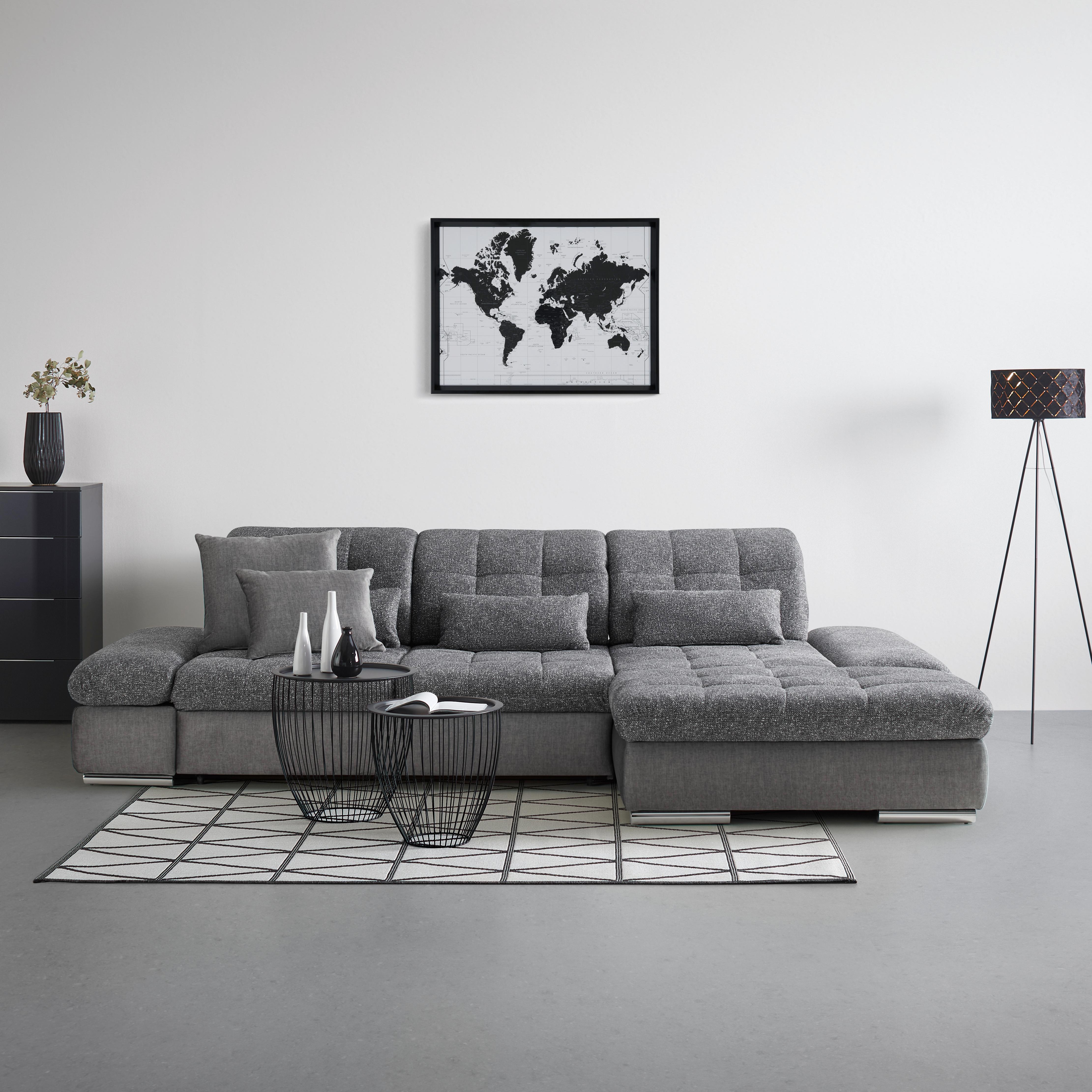 Wohnlandschaft Sanfino in Grau mit Bettfunktion - Chromfarben/Graphitfarben, KONVENTIONELL, Holz/Textil (305/79-96/199cm) - Premium Living