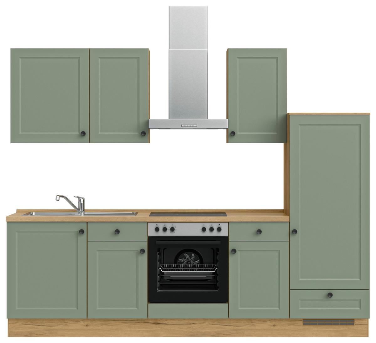 Küchenblock Cascada Low m. Geräten Schilfgrün - Schilfgrün/Eichefarben, MODERN, Holzwerkstoff/Metall (270cm) - Nobilia