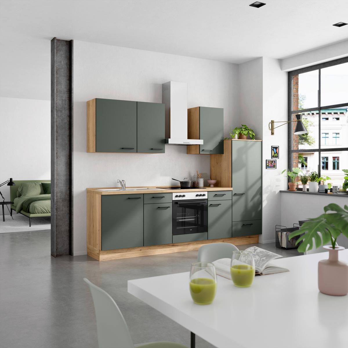 Küchenblock Easytouch m. Geräten Dunkelgrün - Dunkelgrün/Eichefarben, MODERN, Holzwerkstoff/Metall (270cm) - Nobilia