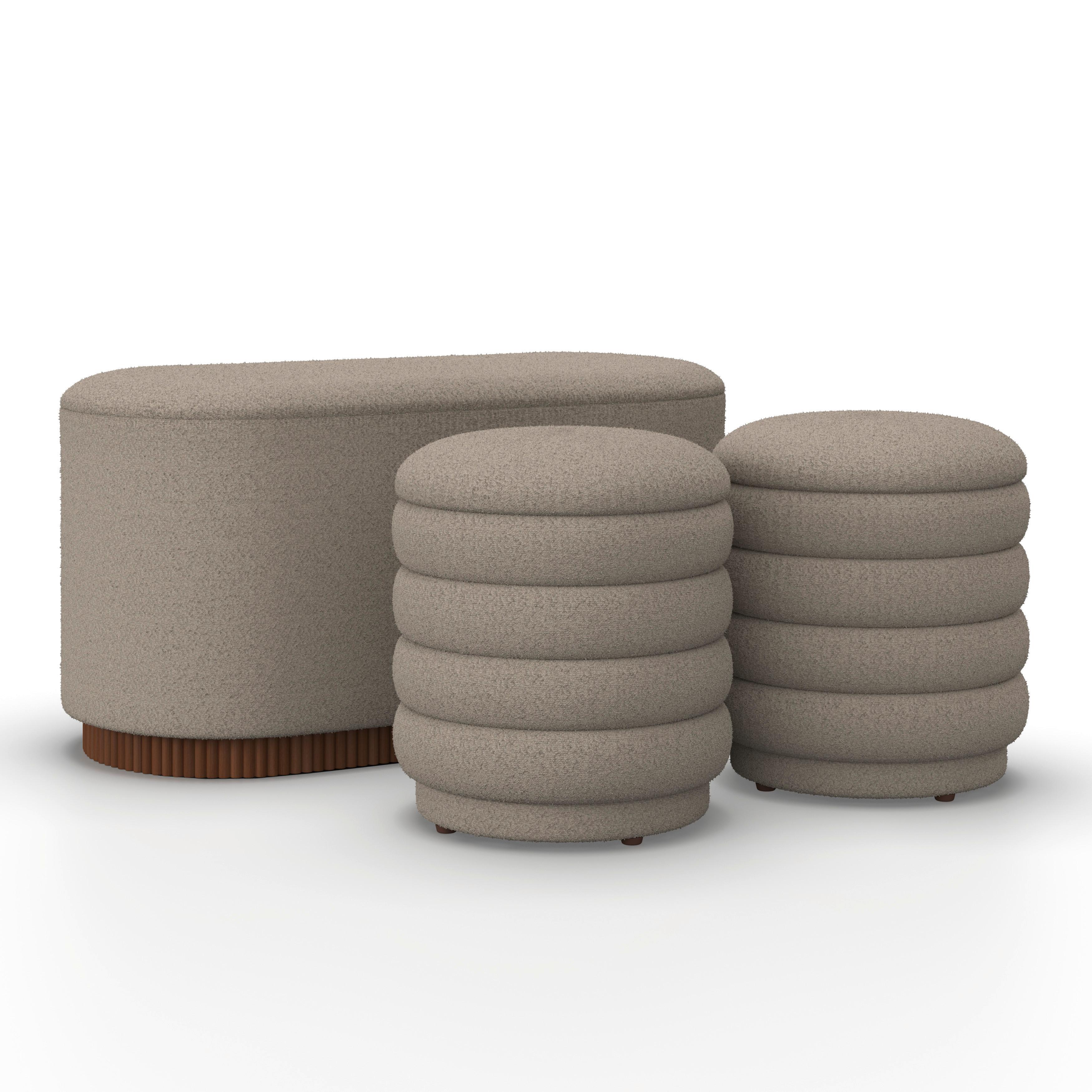 Sitzbank Nina mit Stauraum inkl. 2 Hocker Bouclé Beige - Beige/Naturfarben, MODERN, Holz/Holzwerkstoff - Bessagi Home