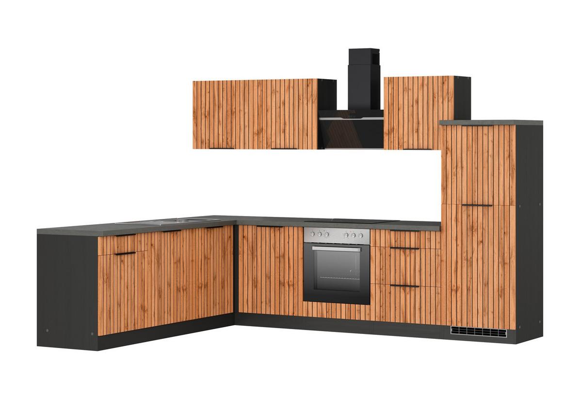 Eckküche Liverpool m. Geräte ca. 300x240cm Graphit/Eiche - Schieferfarben/Eiche Wotan, Basics, Holzwerkstoff/Metall (300/240cm) - Held