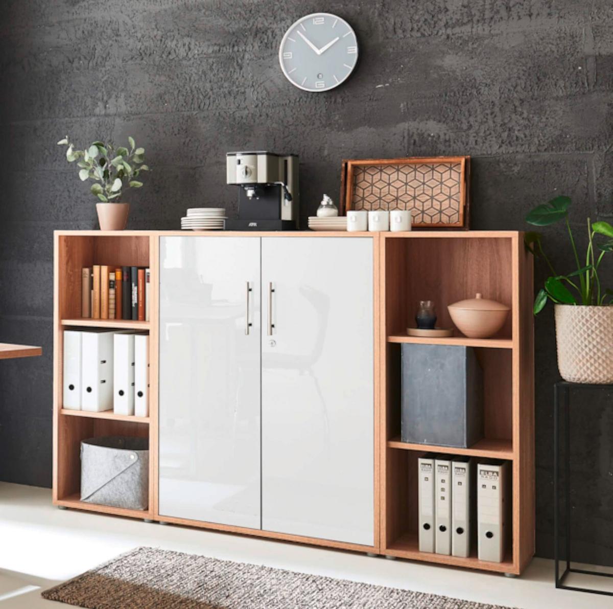 Büro Office Edition Set 5 Sonoma Eiche/Weiß - Weiß Hochglanz/Sonoma Eiche, MODERN, Holzwerkstoff - MID.YOU