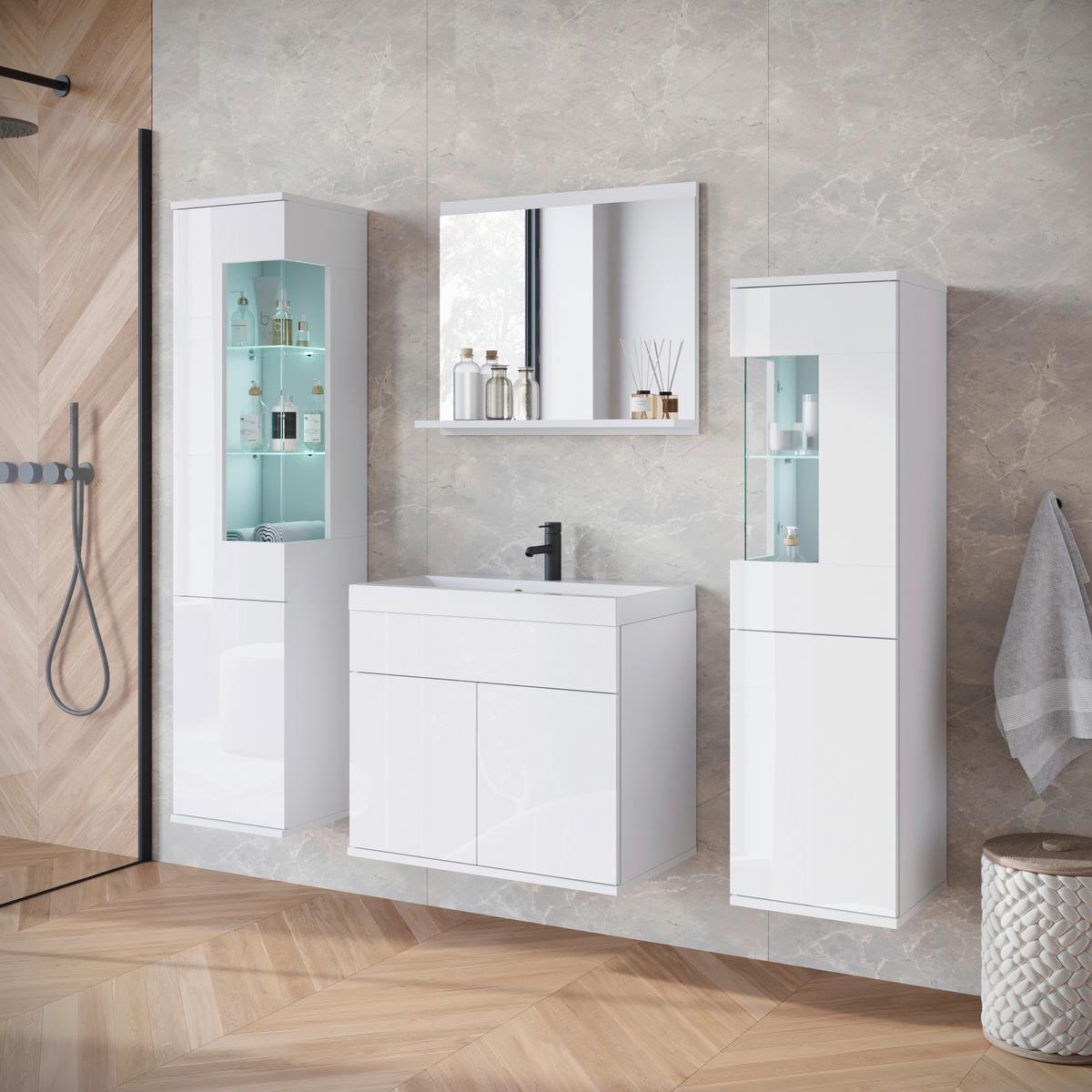 Badezimmer-Set Narobi 5-tlg. mit LED ca. 120 cm Weiß - Weiß Hochglanz/Weiß, Trend, Glas/Keramik (120,4cm) - P & B