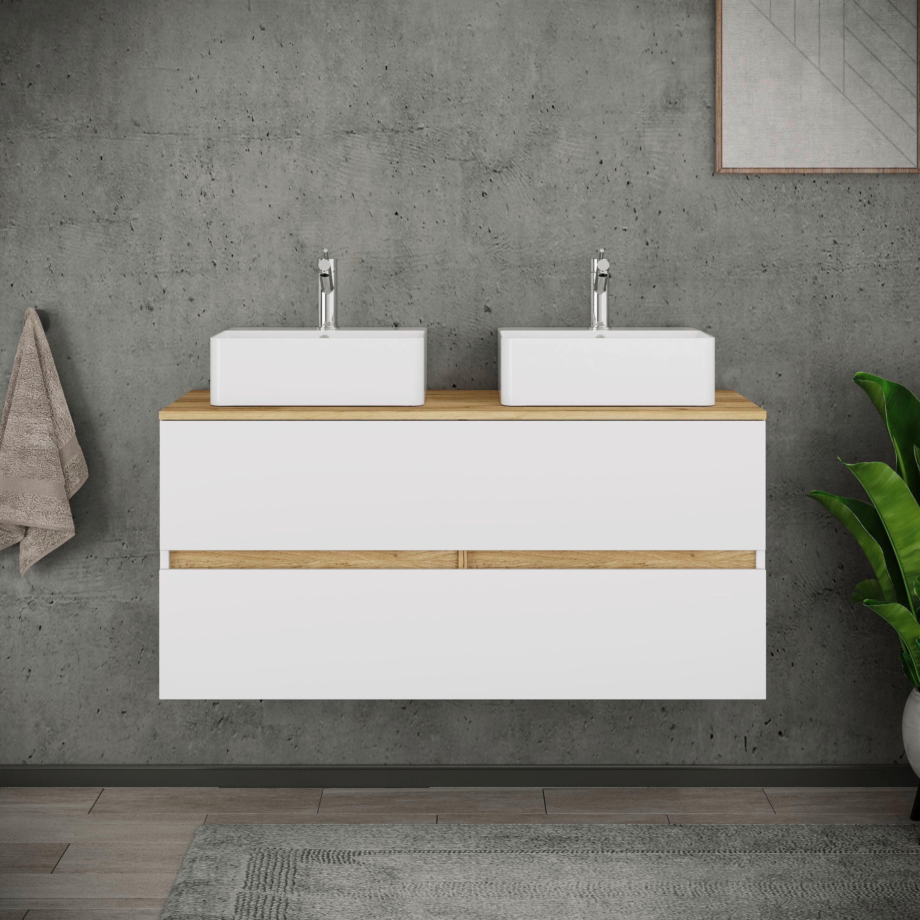 Badezimmer Cosila - Honigeiche/Weiss, Trend, Keramik/Holzwerkstoff (111cm) - MID.YOU