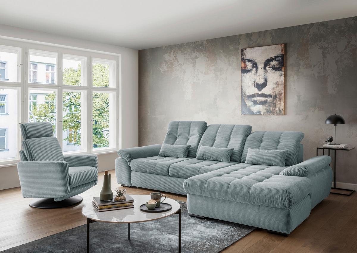 Ecksofa mit Bettkasten Rigatti ca. 314x184 cm Hellblau - Schwarz/Hellblau, MODERN, Textil/Metall (314/184cm) - Livetastic