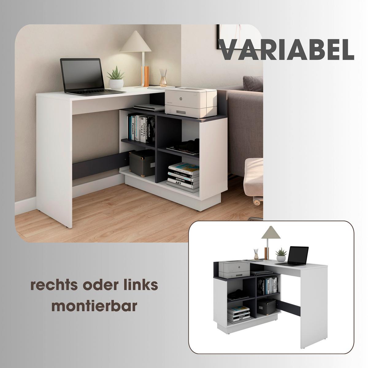 ECKSCHREIBTISCH BERNI - Graphitfarben/Weiß, MODERN, Holzwerkstoff (102/80/77,5cm) - MID.YOU