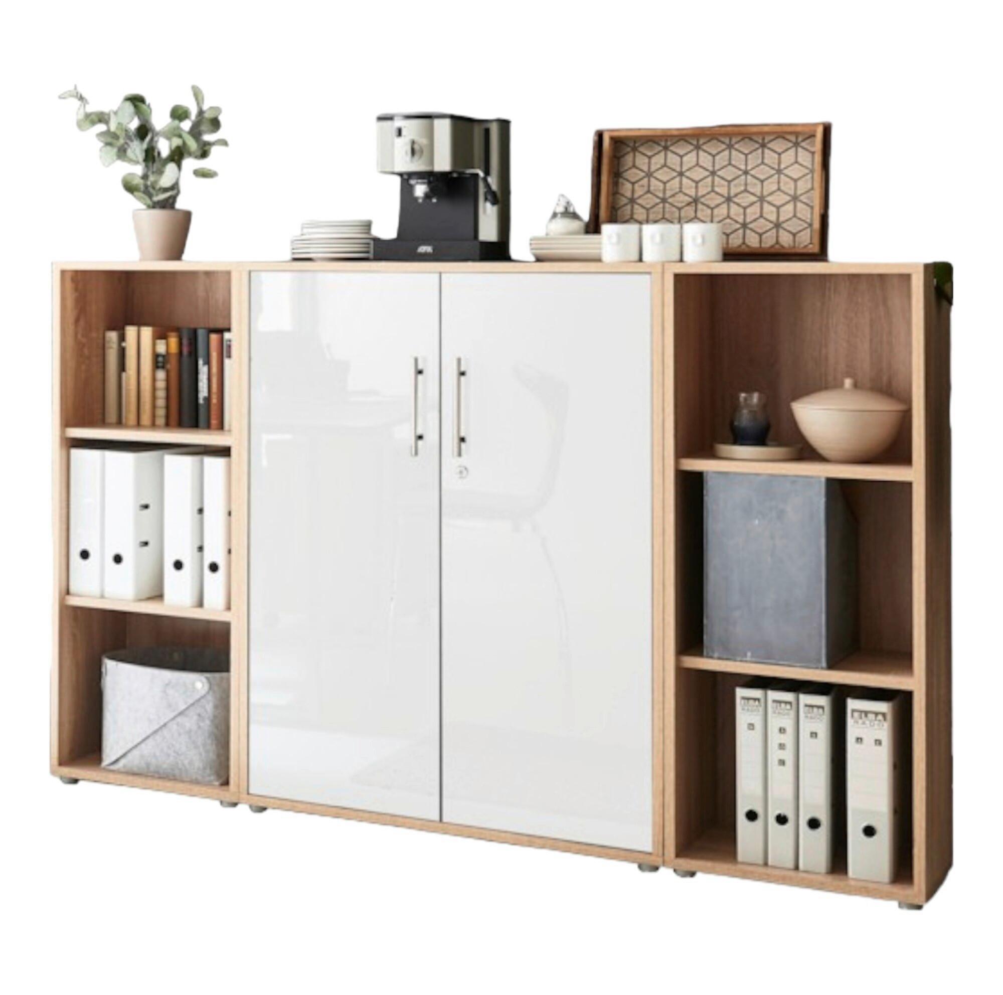 Aktenschrank Office Edition Sw Sonoma Eiche/Weiß Hochglanz - Weiß Hochglanz/Sonoma Eiche, MODERN, Holzwerkstoff (173/114/33cm) - MID.YOU