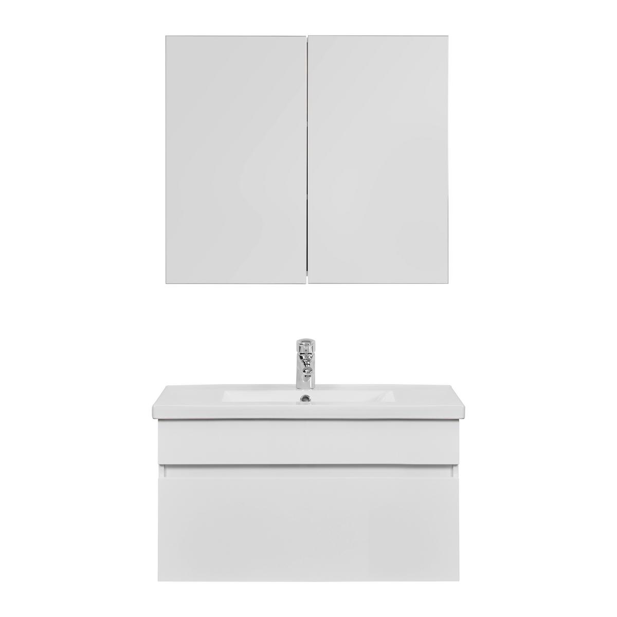 meuble-lavabo Waschbecken & Spiegel, weiss - clair/blanc, Modern, céramique/verre (80/70/47/70/47/13cm) - Bessagi Home