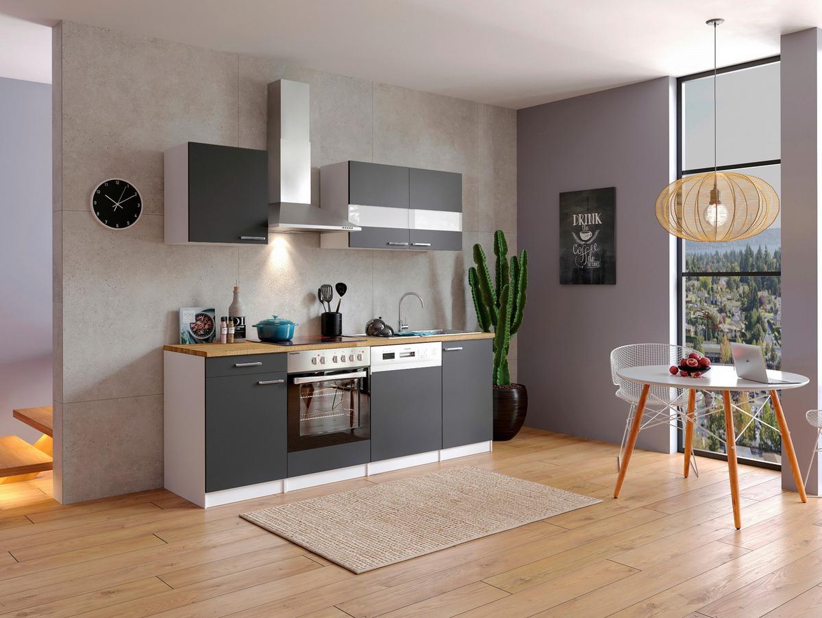 Küchenzeile Economy m. Geräten Grau/Nussbaum B: ca. 220 cm - Edelstahlfarben/Nussbaumfarben, Basics, Holzwerkstoff/Metall (220cm) - Respekta