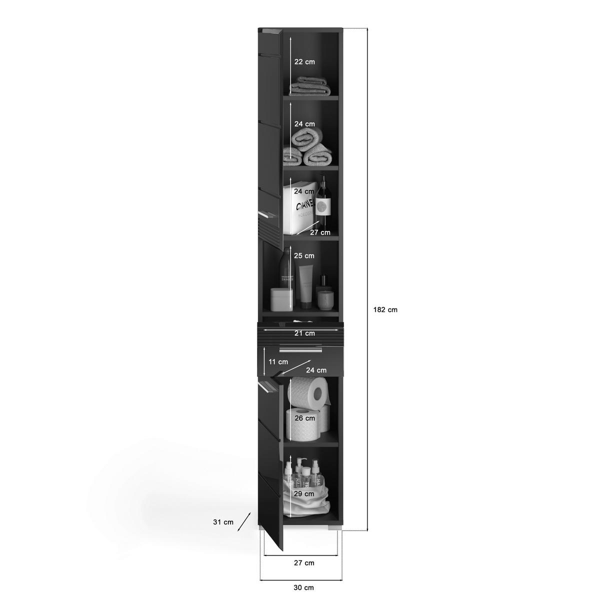 Visoka Omara Linus, 30x181 Cm, Črna - črna/visoki sijaj, Moderno, umetna masa/leseni material (30/181/30cm) - MID.YOU