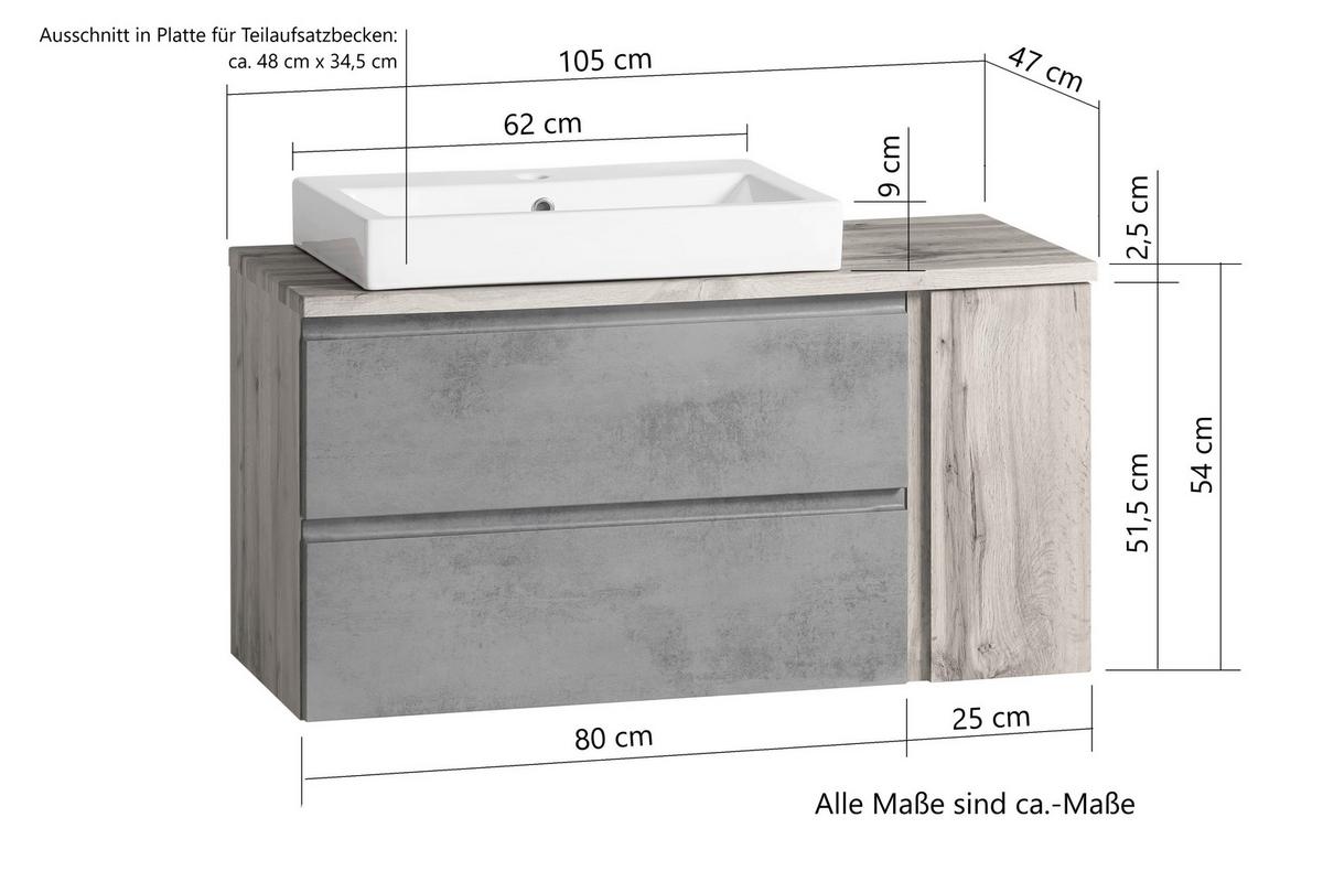 Waschtischkombi Varese ca. 105x65,5x47 cm Grau/Eiche - Eiche Wotan/Grau, MODERN, Keramik/Holzwerkstoff (105cm) - Held
