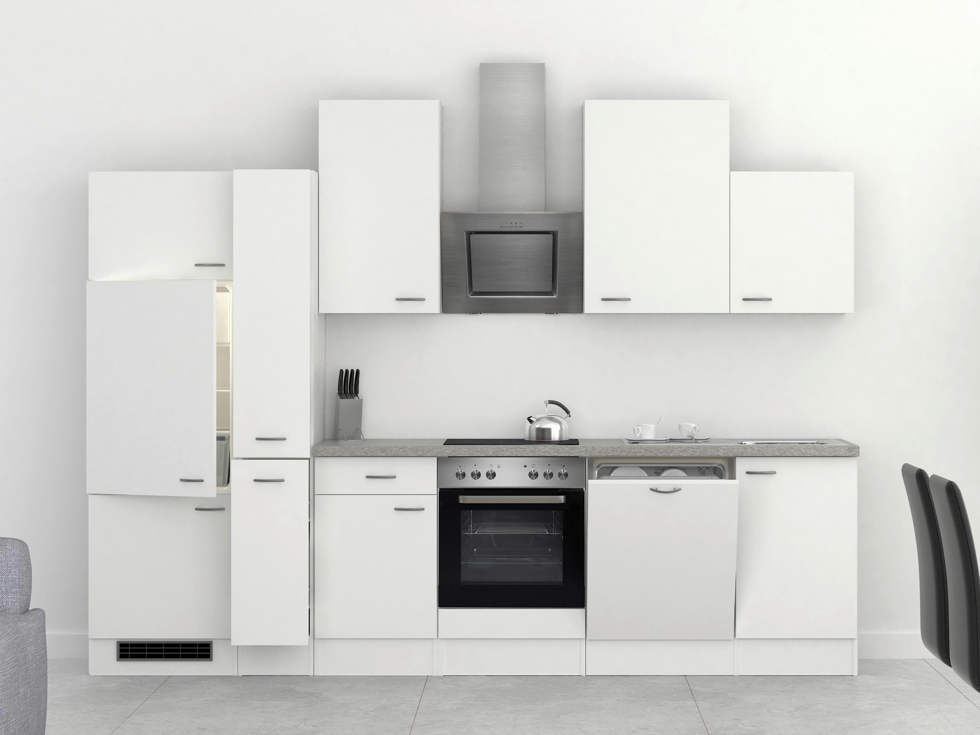 Küchenblock in Weiss inkl. Geräte und Spüle 'Wito' - Edelstahlfarben/Hellgrau, MODERN, Holzwerkstoff/Kunststoff (310cm) - FlexWell