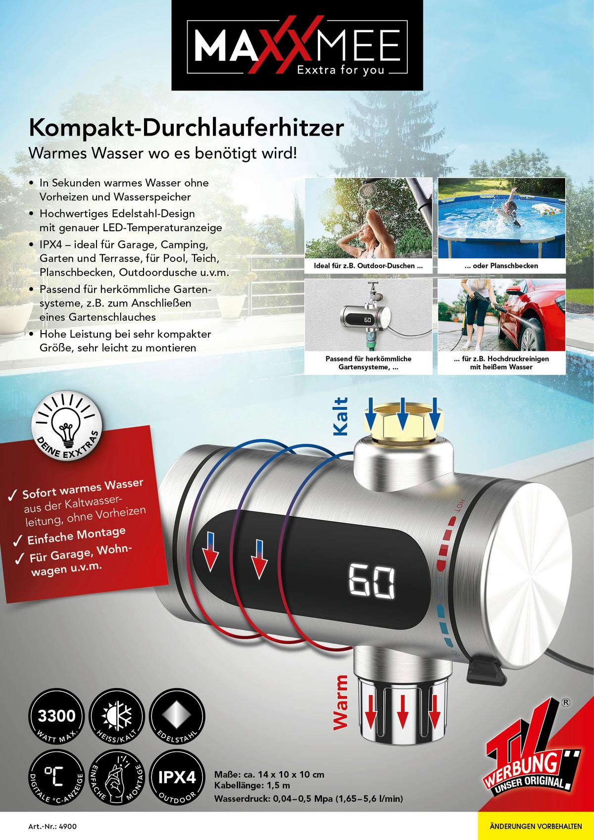 PRZEPŁYWOWY PODGRZEWACZ WODY MAXXMEE B:10CM EDELSTAHLFARBEN - kolor stalowy/czarny, Basics, tworzywo sztuczne/metal (10/10/14cm)