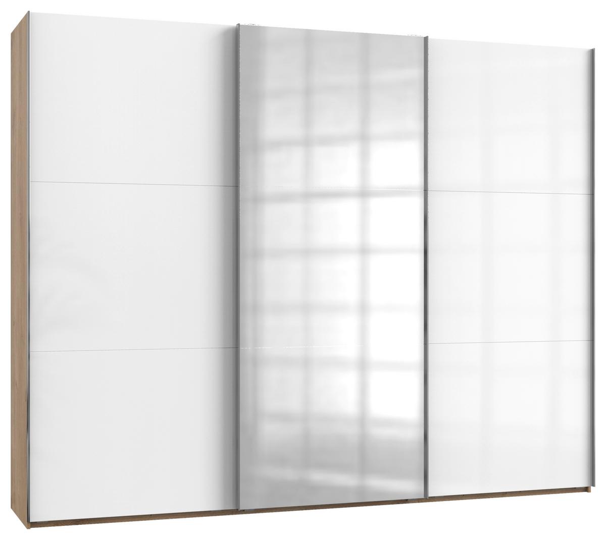 Schwebetürenschrank Level D36 ca. 300 cm Weiß/Eiche Dekor - Chromfarben/Weiß Hochglanz, MODERN, Holzwerkstoff/Metall (300/236/65cm) - MID.YOU