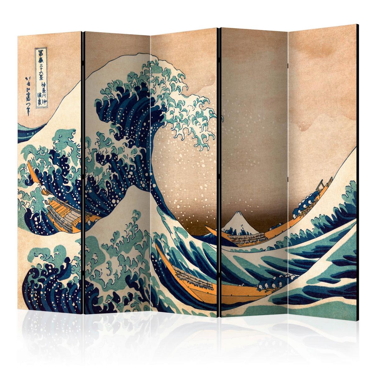 Paravent Hokusai Dunkelgrün/Beige - Dunkelgrün/Beige, Basics, Holz/Textil (225/172/3cm) - artgeist