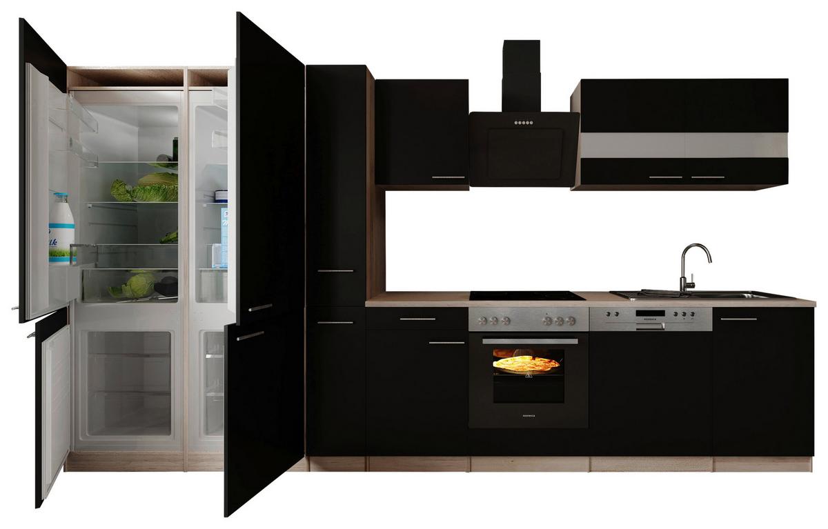 Küchenblock Merle m. Geräten Schwarz - Edelstahlfarben/Eichefarben, Trend, Holzwerkstoff/Metall (370cm) - Respekta