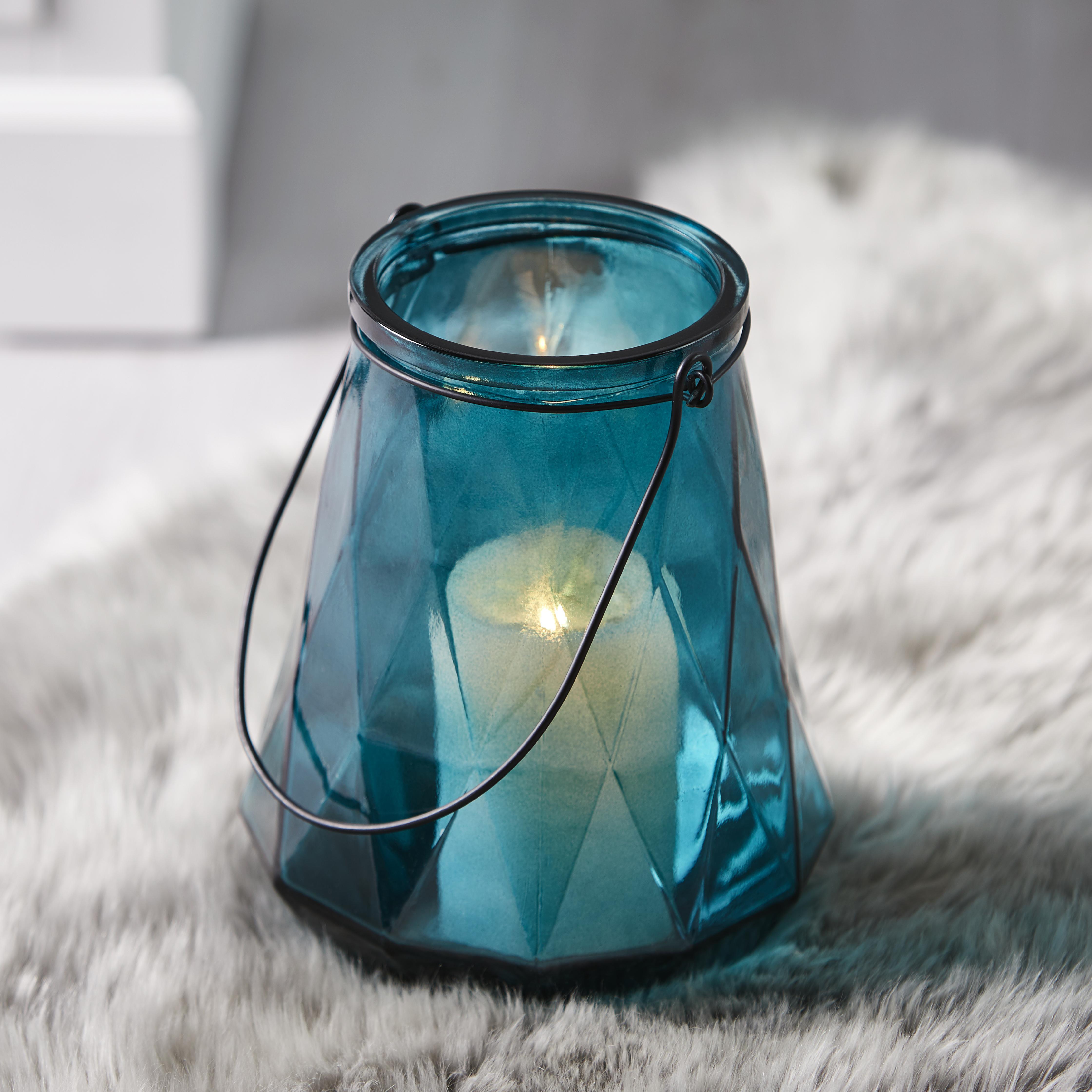 Windlicht in Blau Ø/H ca. 18/24 cm 'Dara' - Blau/Schwarz, MODERN, Glas/Metall (18/24cm) - Bessagi Home