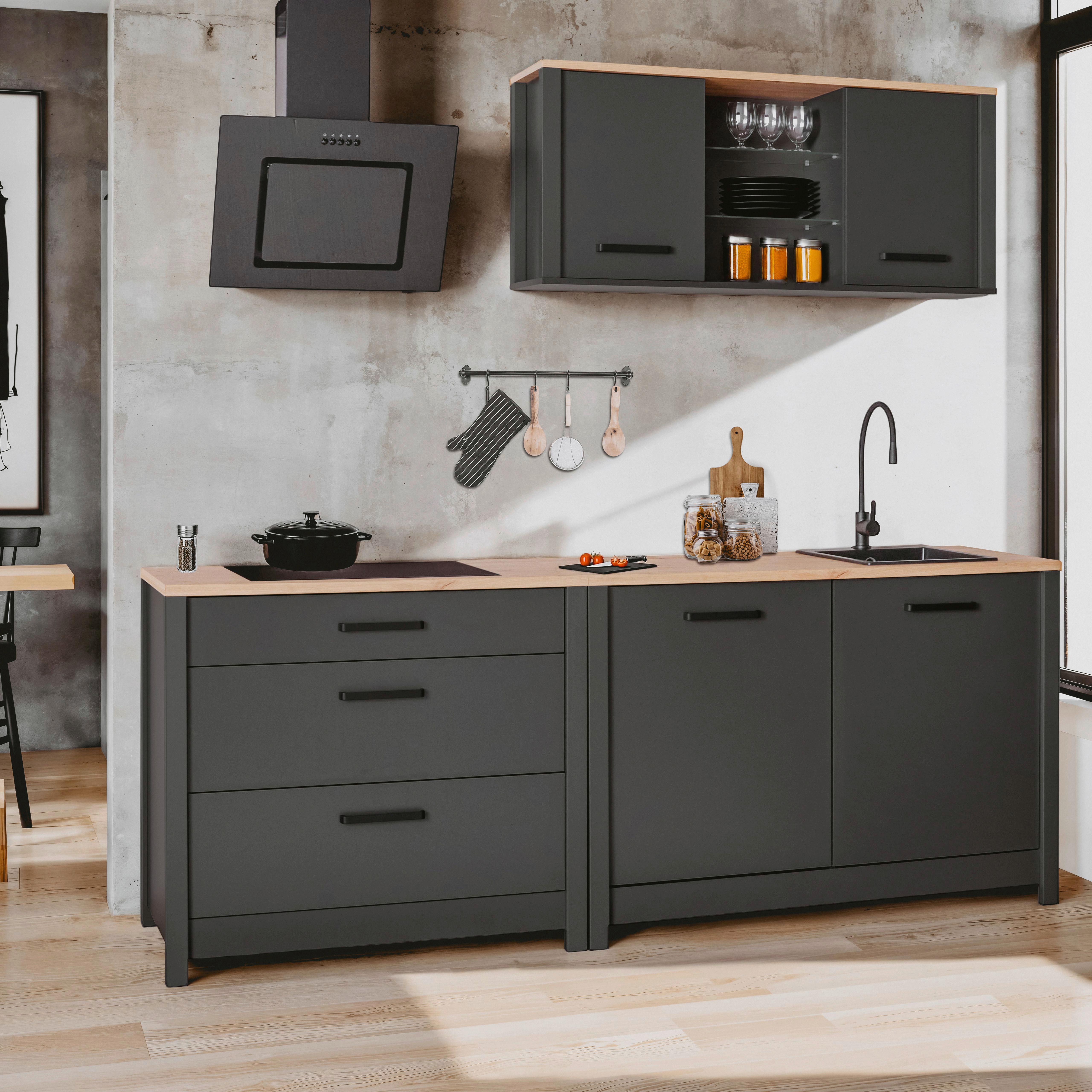 Küchenleerblock Bundle 3 o. Geräte Anthrazit/Eiche - Anthrazit/Schwarz, MODERN, Glas/Holzwerkstoff (230cm) - home24