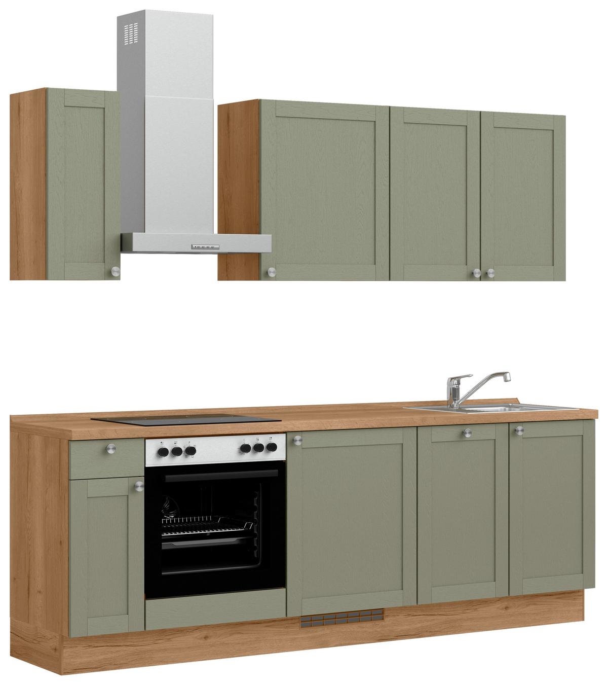Küchenleerblock Frame Low o. Geräte Olivgrün - Edelstahlfarben/Eichefarben, MODERN, Holzwerkstoff/Metall (240cm) - Nobilia