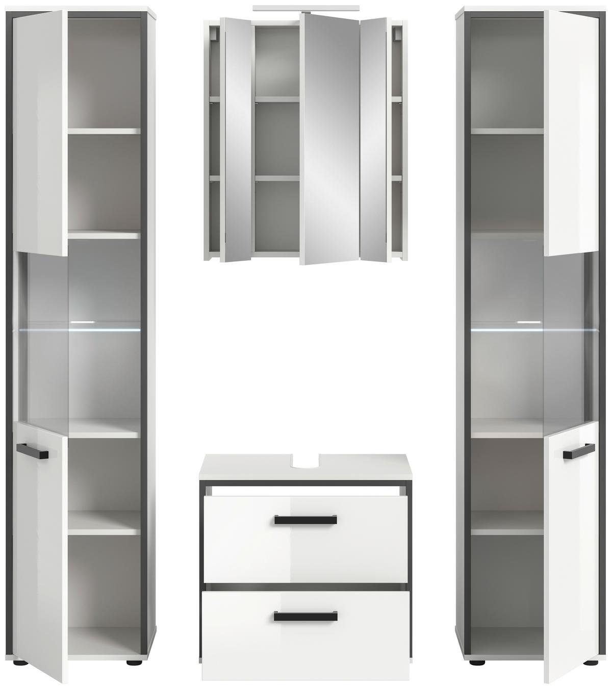 Badezimmer Kojak 4-tlg. Weiß/Anthrazit m. LED - Weiß Hochglanz/Schwarz, MODERN, Holzwerkstoff/Kunststoff (140cm) - MID.YOU