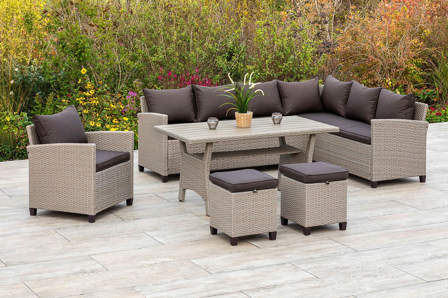 Loungegarnitur 5-tlg. Palma Kunststoffgeflecht mit Kissen - Dunkelbraun/Naturfarben, KONVENTIONELL, Kunststoff/Textil (239/170cm) - Gardenson