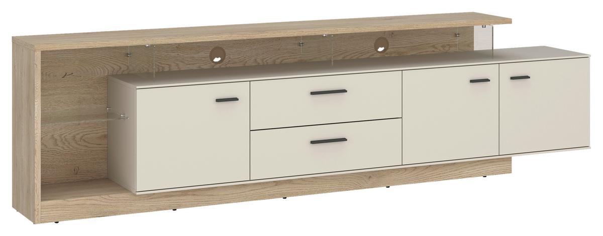 Comodă TV MEOLO - cașmir/culoare lemn stejar, Modern, sticlă/material pe bază de lemn (236,4/65,5/40cm) - Modern Living