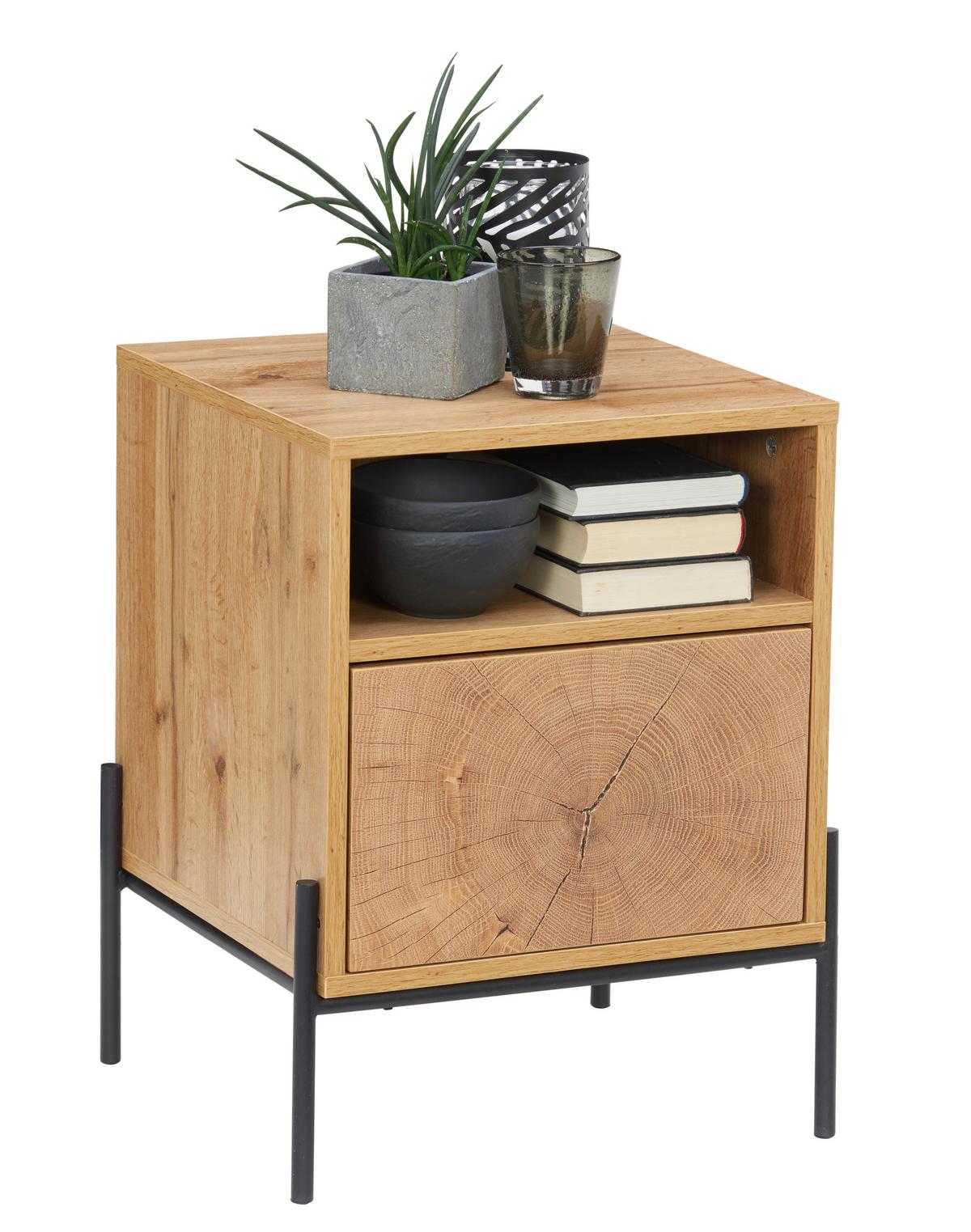 SZAFKA NOCNA LIVI - kolor dębowy/czarny, Design, materiał drewnopochodny/metal (44/55/40cm) - Carryhome