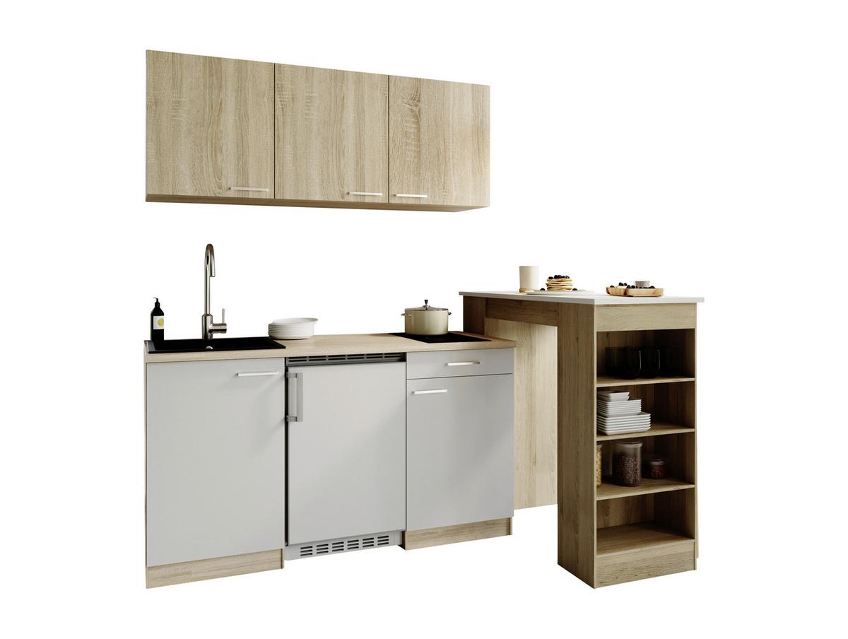 Miniküche Ingrid m. Geräten ca. 150cm Weiß - Eichefarben/Alufarben, Design, Holzwerkstoff/Kunststoff (150cm) - Respekta