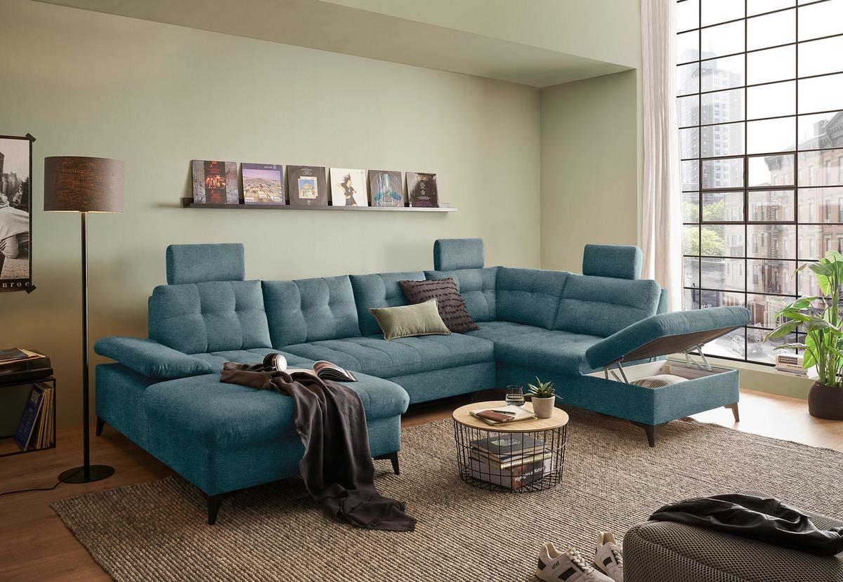 Wohnlandschaft Durban U ca. 170x324x218 cm Eisblau - Blau/Schwarz, KONVENTIONELL, Kunststoff/Textil (170/324/218cm) - MID.YOU