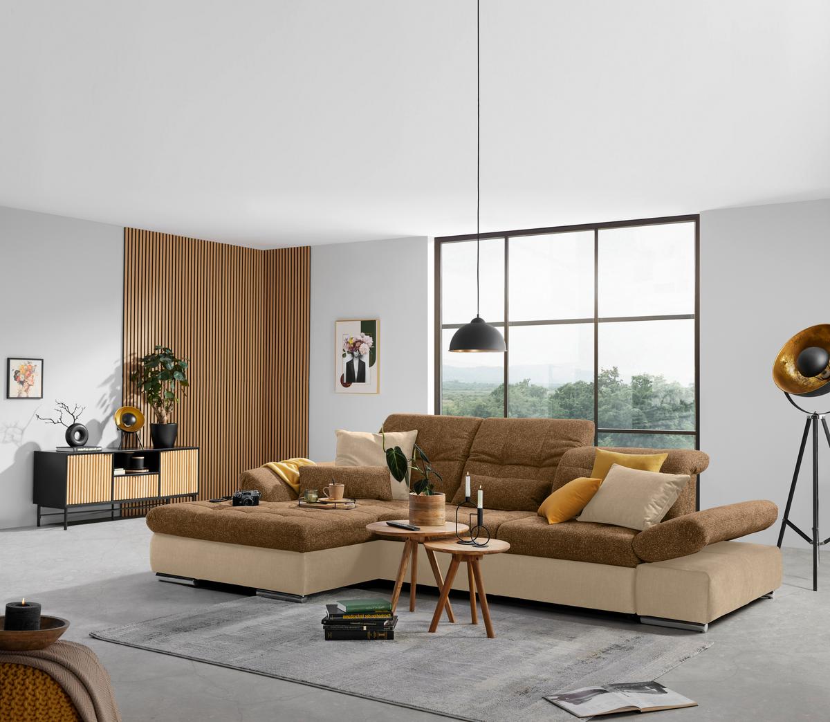 Wohnlandschaft Sanfino Taupe/Cognac - Taupe/Chromfarben, KONVENTIONELL, Holz/Textil (199/79-96/305cm) - Premium Living