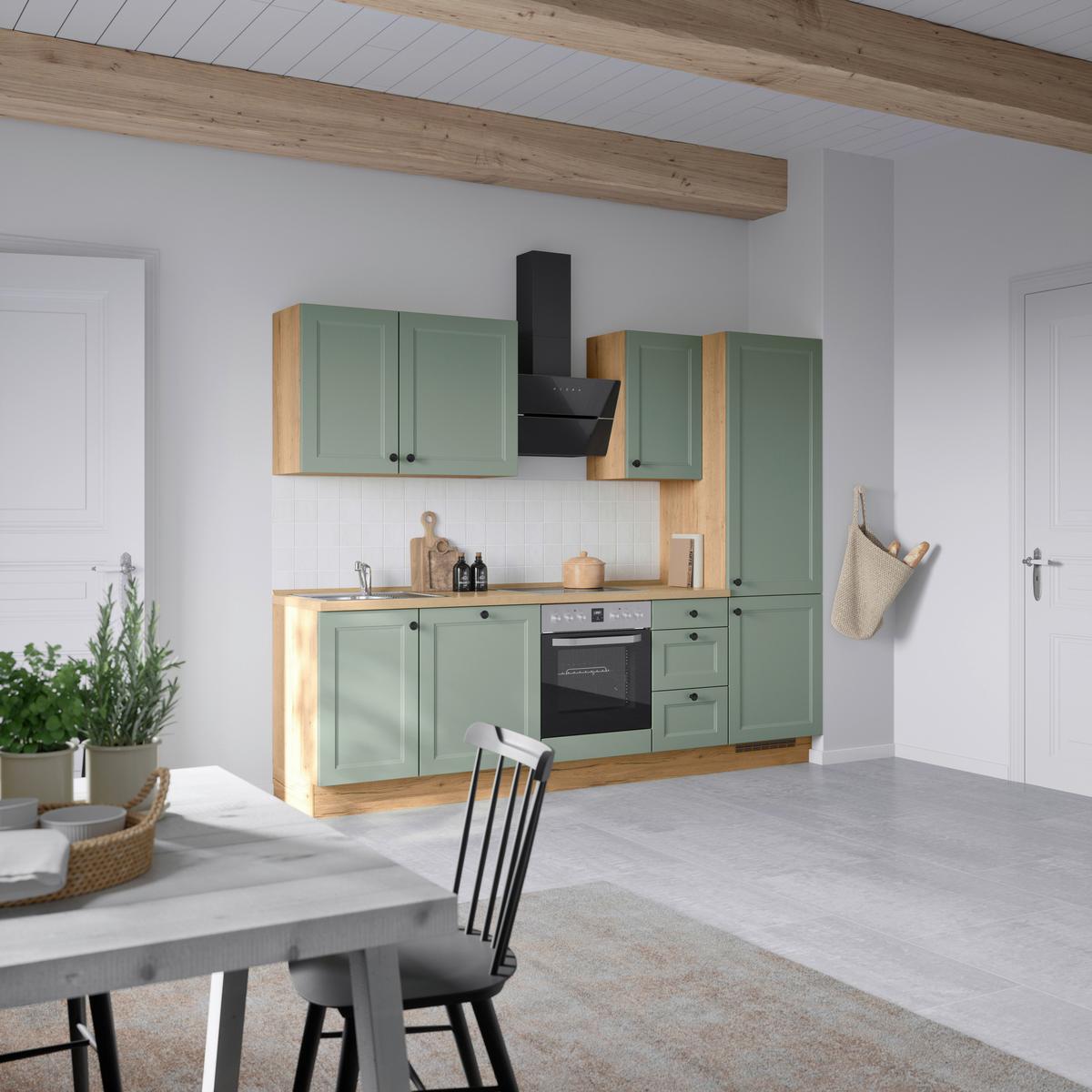 Küchenblock Cascada High m. Geräten Schilfgrün - Schilfgrün/Eichefarben, MODERN, Holzwerkstoff/Metall (270cm) - Nobilia