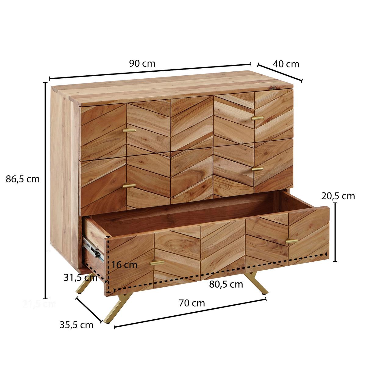 Komoda Boha, Pravi Les - zlate barve/rjava, Design, kovina/les (90/86/40cm) - MID.YOU