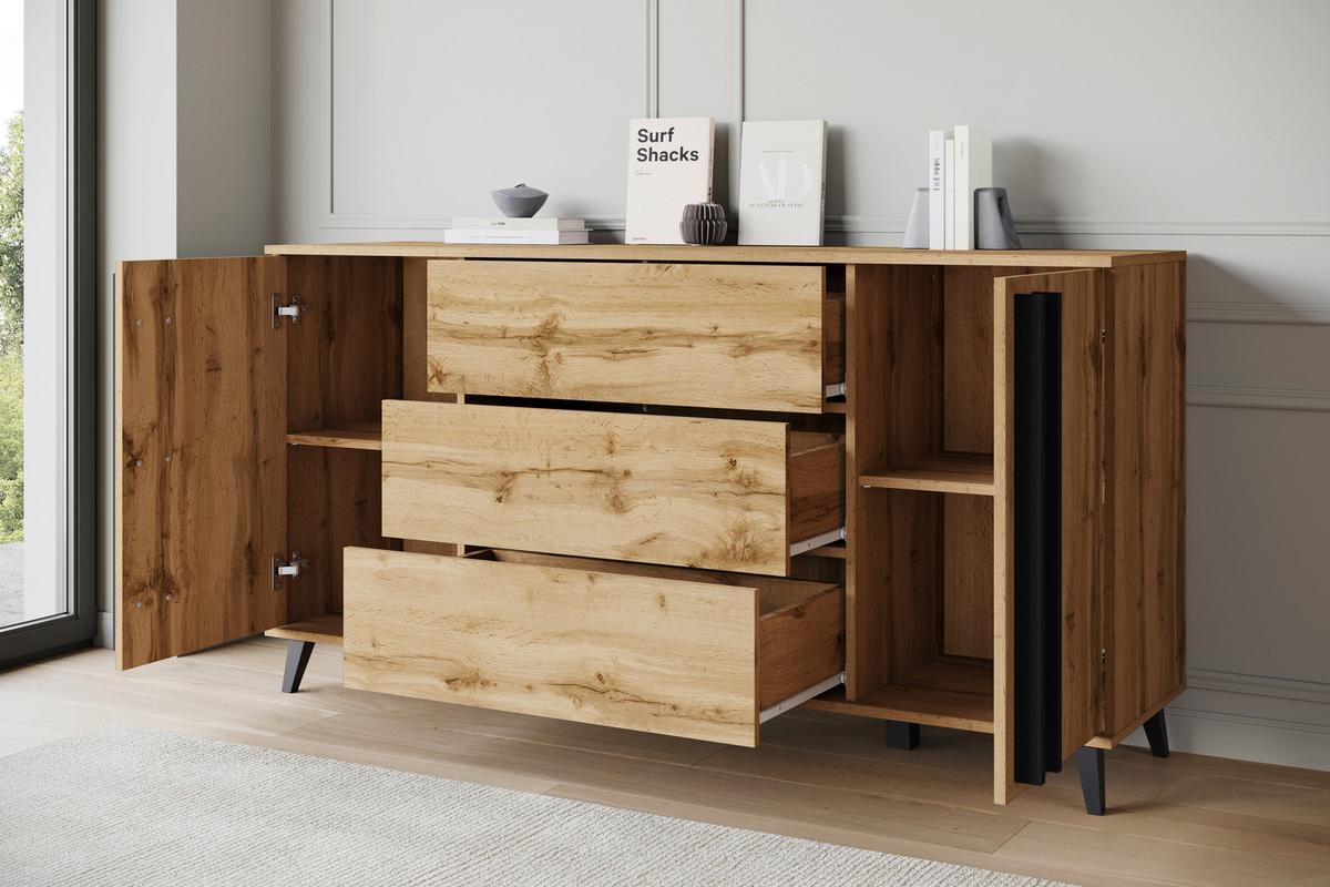 Sideboard Helsinki Eiche Wotan Dekor B: 150cm - Eiche Wotan/Schwarz, Trend, Holzwerkstoff/Kunststoff (150/77,8/39,5cm) - P & B