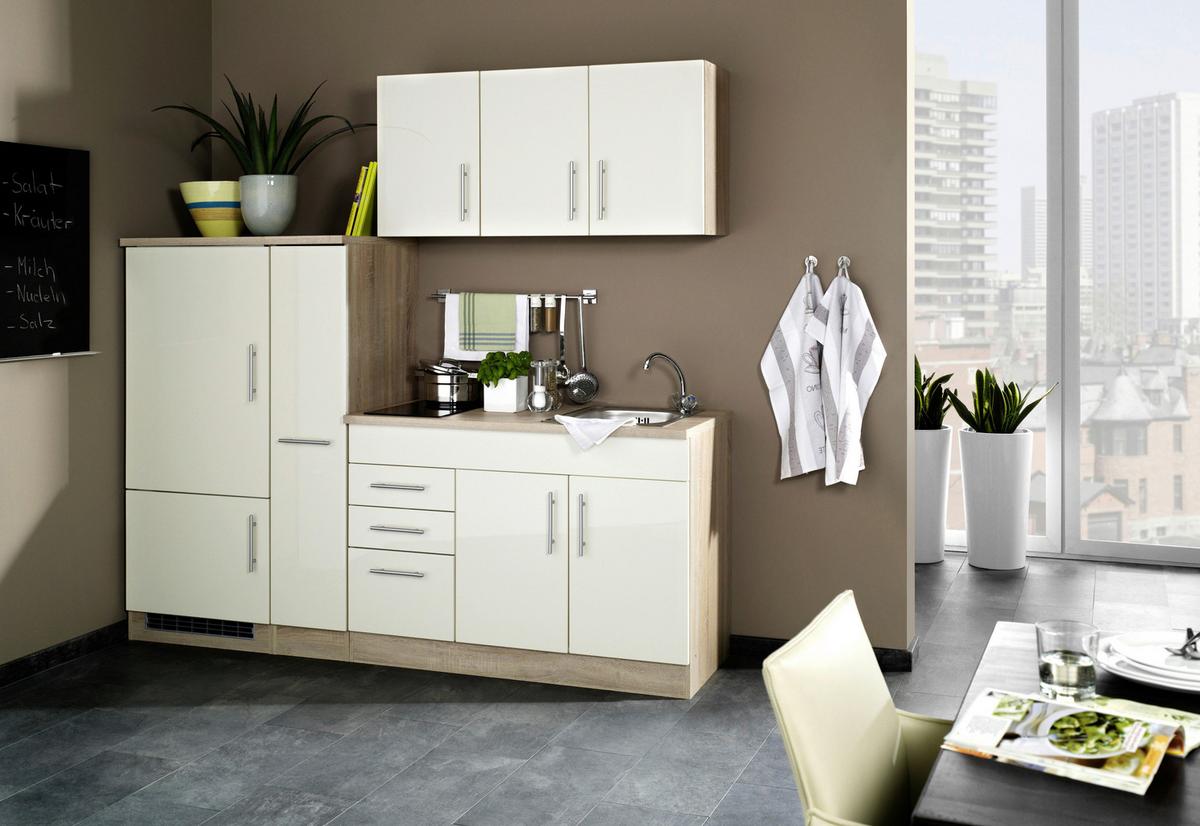 Küchenleerblock Oliver m. Geräten Creme - Chromfarben/Eichefarben, MODERN, Holzwerkstoff/Metall (210cm) - Held